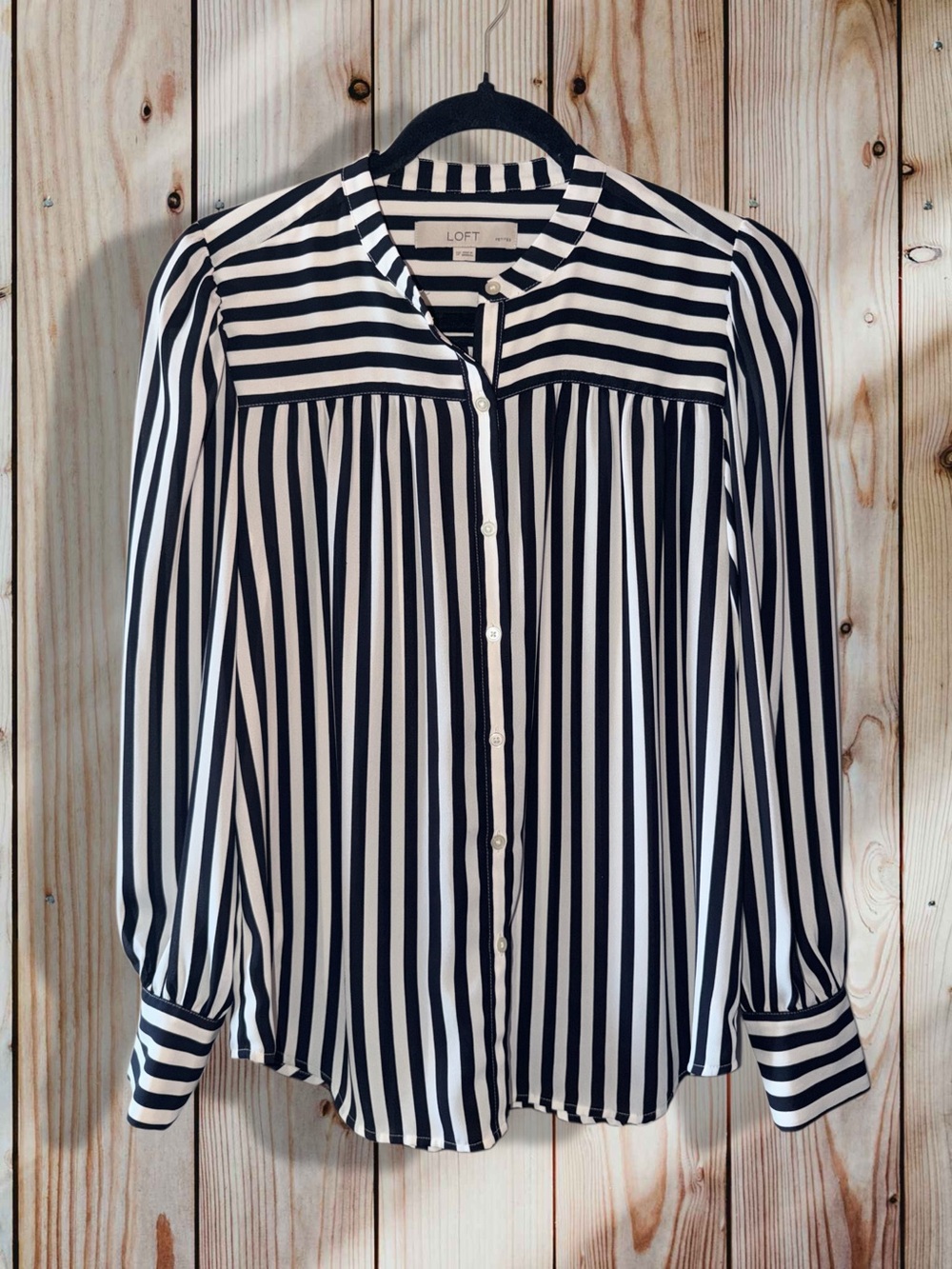 LOFT Black and White Vertical Stripe Button-Front Blouse